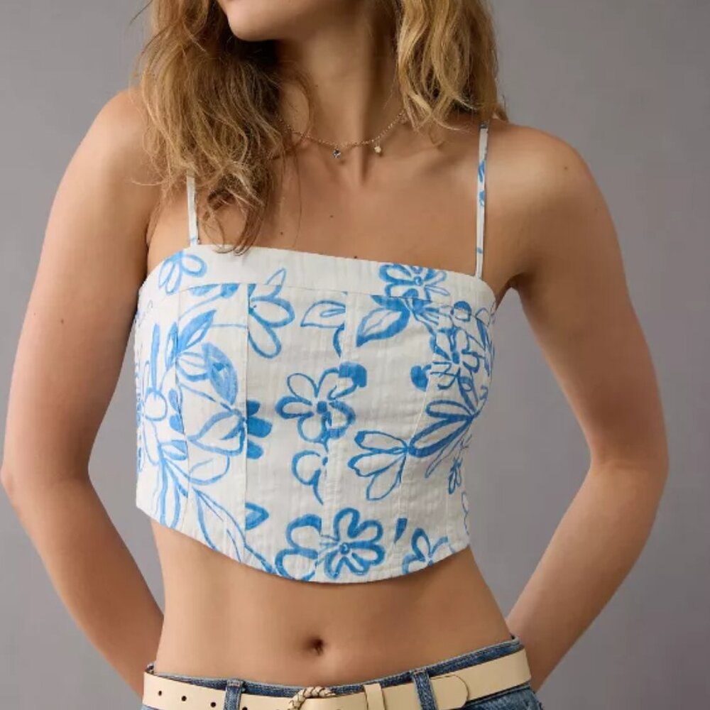 American Eagle Blue White Floral Corset Crop Top | Size Small | Smocked Back